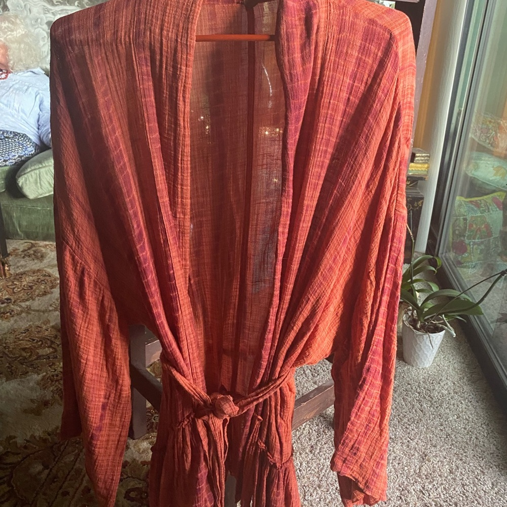 Free People Rust Orange Plaid Kimono Cardigan-M